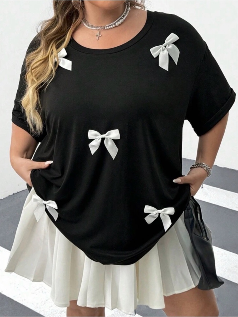 SHEIN Black Tee with White Bow Accents